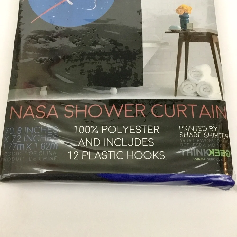 NASA Shower Curtain With 12 Plastic Hooks Set Outer Space Novelty Dorm Kids